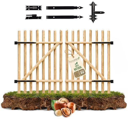 Floranica Portillon en bois de noisetier pour clôture à piquets Hauteur 90 cm x 100 cm 2 vantaux – à monter soi-même incl. charnières