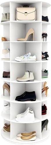 GOFEI 7-stöckiger drehbarer Schuhschrank Weiß – 360° rundes Schuhregal drehbar mit Fächern für Schuhe, Handtaschen und mehr – Platzsparend & modern