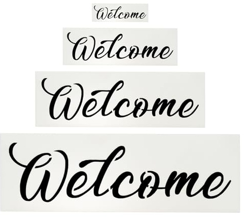 PATIKIL Welcome Stencils, 4Pcs Welcome Template Reusable Plastic Sign Templates Stencils for Fabric Wall Spray Painting Mailbox Sign Wood Art, Style 3, White