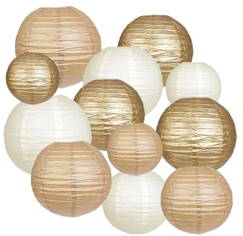 12 Stück Gold Cream und Khaki Papier Laterne,Runde Papierlaterne für Braut Hochzeitsdekorationen Geburtstagsfeier Gartenparty Deko