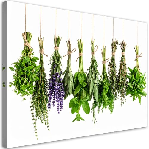 Feeby Wandbilder - Bilder Esszimmer - Hängende Kräuter Gewürze Pflanzen - 115x75 1tlg - Küche Bild Groß - Wohnungs - Foto Geschenk - Leinwand Wall Art - Wand Deko