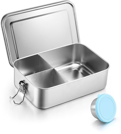 Joyfair Edelstahl Brotdose Lunchbox mit 3 Fächern & Saucenbehälter - 850ml | Bento Box für Camping Picknick Reisen und Arbeit, Abnehmbar T-förmigen Trennwand, Auslaufsicher & Spülmaschinenfest