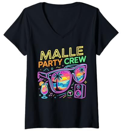 Damen Malle Party Crew Mallorca Urlaub Feiern Design T-Shirt mit V-Ausschnitt