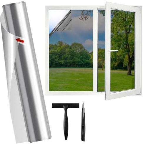 Spiegelfolie Fenster Sichtschutz, Spiegelfolie Fenster Hitzeschutz, UV Schutzfolie Selbstklebend Rückstandslose, Fensterfolie Sonnenschutzfolie Hitzeschutz innen oder außen (Silber 44.5X400cm)