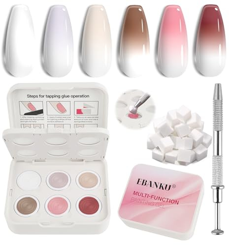 EBANKU 6 Colors Gradient Painting Gel, Ombre Gel Nail Polish | Patting Gel Palette with Nail Sponges Grabbing Pen for Painting Ombre Aura Nails, French Manicure, Palette A