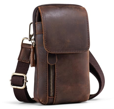 hengwin Leder Handy Gürteltasche Herren, Handy Holster mit Gürtelclip & Schultergurt, Große Smartphone Tasche für iPhone 17 Pro Max Samsung Galaxy S25 Ultra, Crossbody Brusttasche Outdoor Dunkelbraun