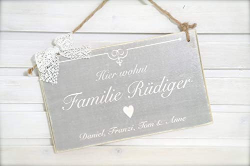 Türschild aus Holz mit Familienname und Vornamen, Schild für die Haustür mit Namen der Familie in Grau und Weiß Vintage