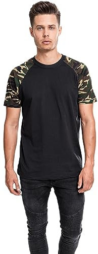 Urban Classics Herren Raglan Contrast Tee – Slim Fit T-Shirt mit Kontrastärmeln, Rundhalsausschnitt, sportlicher Look, weicher Baumwollmix, Basic Style,Blk/Woodcamo,S