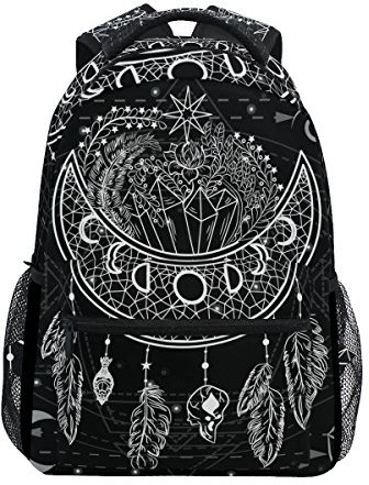 Jeansame Backpack School Bag Laptop Travel Bags for Kids Boys Girls Women Men Vintage Black Moon Sun Feathers Bohemian