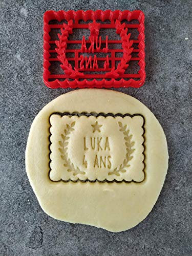 3DKOUPE - Emporte-pièce petit beurre - Motif lauriers et étoile - Personnalisable avec texte (jusqu'à 2 lignes) - Couleur au choix - Conçu et fabriqué en France