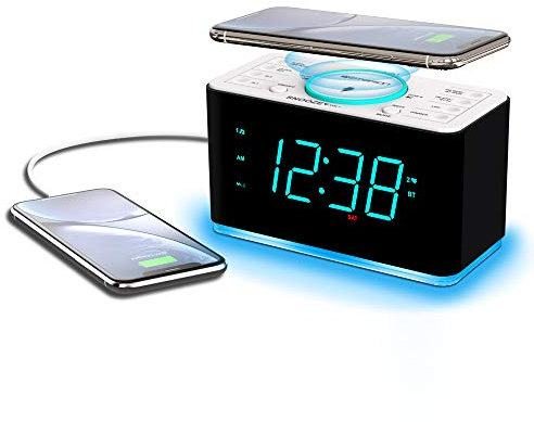 Emerson ER100401 Smartset Alarm Clock Radio, 15Watt Ultra Fast Wireless Charging Dual Alarm Clock Radio with Bluetooth Speaker, USB Charger, Cyan LED Night Light and 1.4 Display