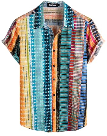 VATPAVE Mens Hawaiian Shirt Short Sleeve Button Down Shirts L Multicolor