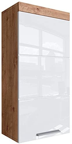 Newroom Kommode Badezimmer Schrank Wildeiche Weiß Hochglanz mit viel Stauraum - 37x79x31 cm (BxHxT) - Badezimmerschrank Badkommode Badezimmermöbel - [Trinity.Ten]