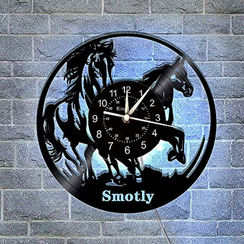 Smotly Vinyl-Wanduhr, Pferdemotiv Retro große Wanduhr, mit 7-Farben-Nachtlicht-Funktion, Heimdekoration, digitale Wanduhr Geschenk. (mit Licht)