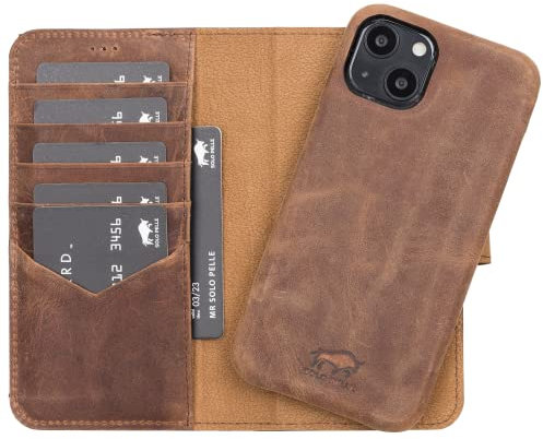 Solo Pelle Lederhülle kompatibel für iPhone 13 in 6.1 Zoll abnehmbare Hülle (2in1) inkl. Kartenfächer für das original Apple iPhone 13 (Vollleder Vintage Braun)