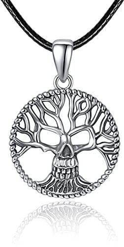 KINGWHYTE Totenkopf Halskette 925 Sterling Silber Vintage Lebensbaum Anhänger Totenkopf Geschenke für Männer Frauen mit schwarzem Seil 50cm