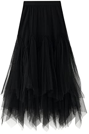 SotRong Tüllrock Damen Karneval Asymmetrisch Midirock Elastisch Hohe Taille Stufendecke Mesh Ballett Hochzeit Party Abschlussball A-Linie Plissee Wadenrock Schwarz