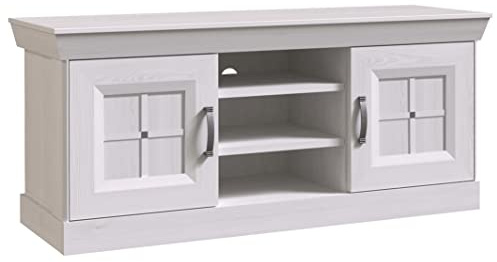 Newroom TV Lowboard Schnee Eiche Landhaus TV Schrank Wohnzimmer | 2 Glastüren mit offenem Mittelfach, Bügelgriff, TV Board, TV Möbel, Fernsehtisch, für klassische Einrichtung