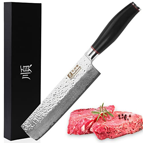 Sunlong Nakiri-Messer 16,5cm Gemüsemesser Superscharf -Japanisches Kochmesser aus Damaststahl - Griff aus natürlichem Ebenholz - Kochmesser