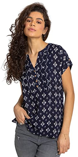 Roman Originals V-Neck Top for Women UK - Ladies Buttoned Short Sleeve Blouse Shirt T-Shirt Everyday Holiday Summer Casual Smart Office Work Casualwear Leisure Party Navy Ivory