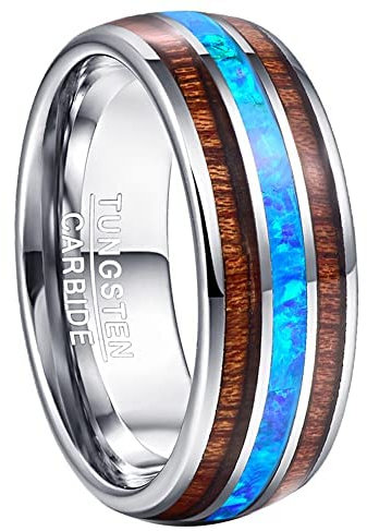 Vakki Damen Silber Opal Ring 8mm Wolframkarbid mit Koa Holz Modeschmuck für Heiraten Verlobungs Größe 71(22.6)
