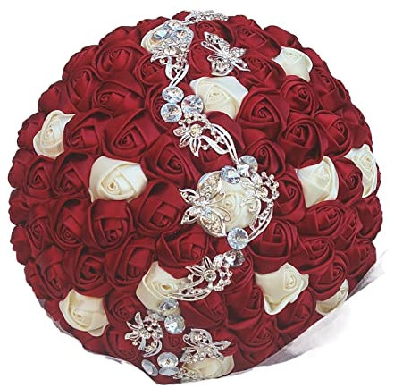 LiFBeauTiFuL Bouquet de Mariage en Rose en Or Bouquet Butterfly Crystal Diamonds Brooch Mariage Mariage Stitch Bride Wedding Fleurs (Color : 24cm WineRed Ivory)
