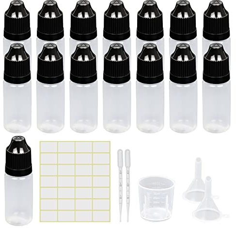 Lot de 30 bouteilles compte-gouttes vides en plastique de 10 ml,Bouteilles de voyage,Bouteilles doseuses avec couvercle de sécurité enfant,Avec entonnoir, étiquettes, pipette de transfert (10 ml)