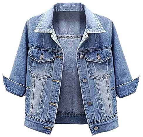 Hebezn Giacca di jeans corta da donna con risvolto casual Giacca di jeans a coste senza cuciture Blu L