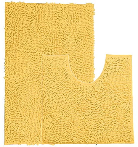 Brillars Luxury Chenille Bathroom Rugs - Slip-Resistant Loop Bath Mat Set (2 Piece) for Bath Room | Toilet Mat.1'' Thick Shaggy Carpet, Super Absorbent Pedestal Toilet Shower Mat (Ochre)