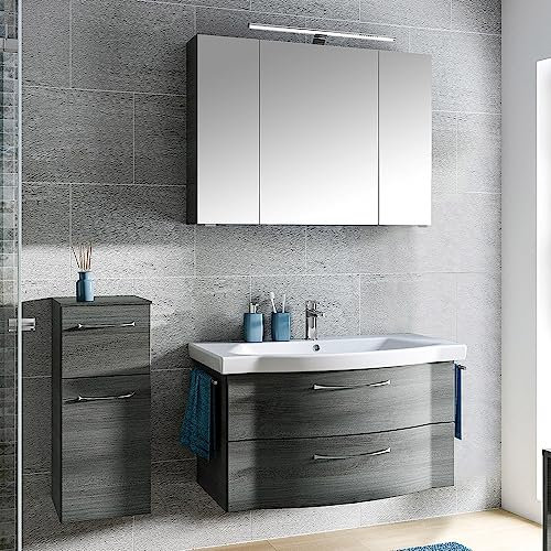 Lomadox Badmöbel Set, 3-teilig, 97 cm Waschbecken, LED Beleuchtung, Graphit Struktur quer Nb., B/H/T ca. 143/200/51,5 cm
