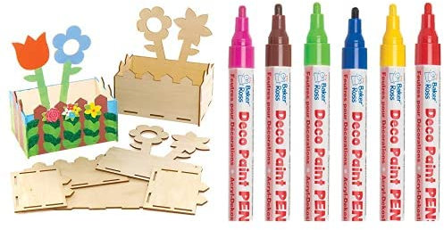 Baker Ross Blumen Holz Schreibtisch Ordner (3 Stück) und Deko-Lackstifte (Packung B) 6 Stück