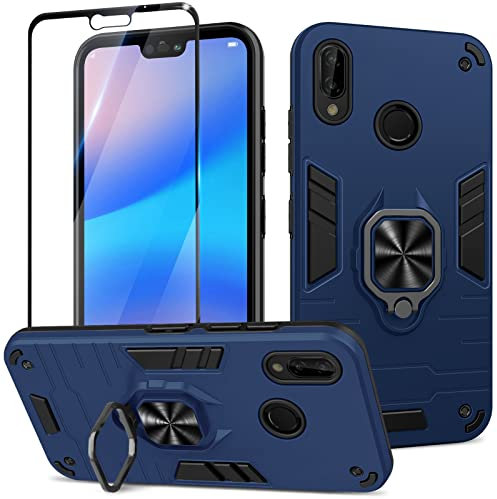 Btstring Hülle kompatibel mit Huawei P20 Lite 2018 mit Schutzfolie, Militär Standard Stoßfest Handyhülle Case Hybrid Metall Ring Halter Schutzhülle Handy Hüllen Cover -Blau
