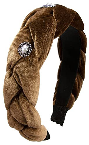 Alpenflüstern Trachten-Haarreif Samt Flechtoptik Helena - Damen Haarschmuck geflochten mit Perlen-Ornament, Haarband rutschfest fürs Dirndl (dunkel-braun) ADV133