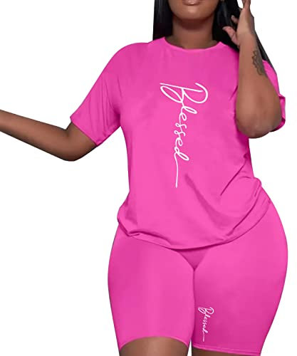 Damen Crop Tank Top Und Röcke 2 Piece Sommer Kurzarm T-Shirt Top Tunika Und Kurze Hosen Casual Elastic Set Outfit Oberteil Teenager Mädchen (Hot Pink-3, XXL)