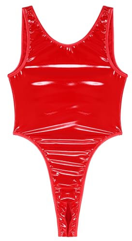 iEFiEL Herren Wetlook Body Lackleder Bodysiut Glänzende Catsuit Kurz Jumpsuit Optik Leder Stringbody Rückenfrei Reizwäsche Rot XL