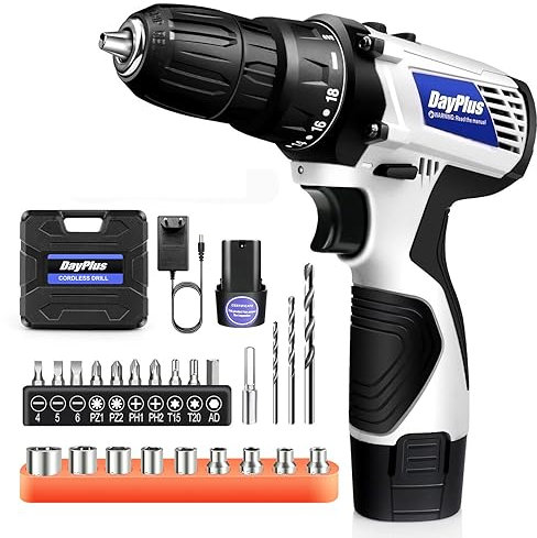 Perceuse Visseuse Sans Fil 12V avec 2 × 1,3 Mah batterie Li - ion, perceuse combi 45nm, tournevis électrique, chargeur rapide, 2 vitesses, lampe de travail LED, kit d'accessoires 23pc + valise