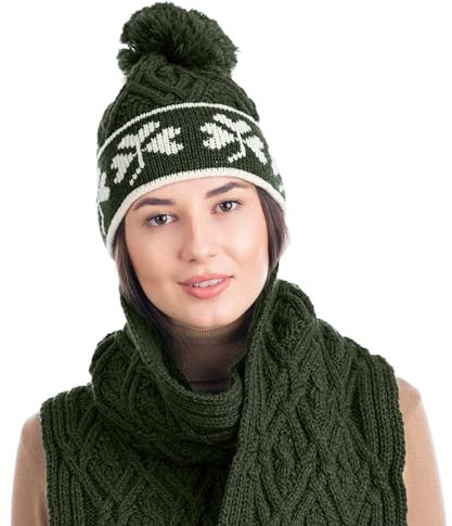 100 % Merinowolle – Irische Kleeblatt-Mütze Aran Knit Beanie Pom Pom Stil für Frauen, Grün (Army Green), Einheitsgröße