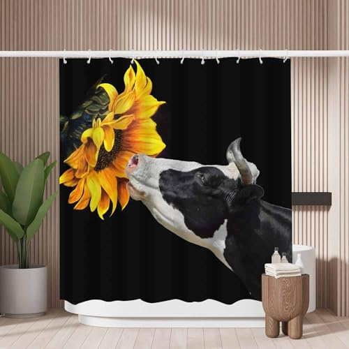 Woutay Rideau de Douche résistant à la moisissure en Polyester imperméable avec 12 Crochets en Plastique Motif Vache et Tournesol