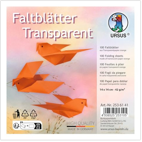 Ursus 2536141 - Faltblätter Transparent Orange, 42 g/m², 100 Faltblätter 14 x 14 cm, durchgefärbt
