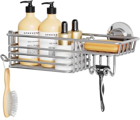 TAILI Ducha Caddy Copa Succión con Ganchos Jabonera Heavy Duty Baño Organizador de Ducha sin Taladrar Estantes para el Interior de la Acero