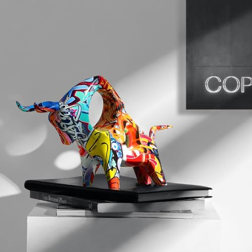 Monozoz Bunte Stierfigur, Graffiti Stierstatue,Mehrfarbige Stier Form Harzstatue - Tierstatue, Schreibtischdekoration Für Wohnzimmer, Schlafzimmer, Bücherregal