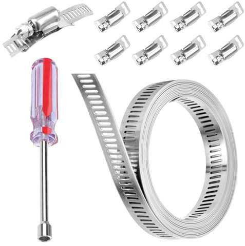 Hose Clamp, 2.5m Adjustable Hose Pipe Clips, Tube Joining Clips, 304 Stainless Steel Hose Clamp with 8 Pcs Fasteners and 1 Pcs Screwdriver for Water Pipe, Gas Pipe, Cooler and Automotive Tubing