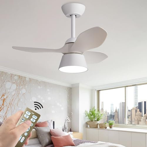 Lámpara Ventilador Techo y Mando a Distancia 3 Hojas Silencioso Ventilador Techo con Luz 6 Velocidades LED Regulable Ventiladores de Techo con Luz Motor DC Reversible para Salón Dormitorio-White