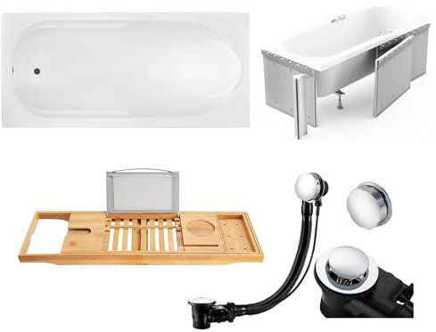 KOLMAN KOMPLETTSET 5in1 Acryl Weiß Wanne Badewanne Rechteck 190x80 cm BONA Made in EU + Styroporverkleidung + Badewannentablett Bambus Holzablage, Premium Ablaufgarnitur in Chrom & Wannenfüße
