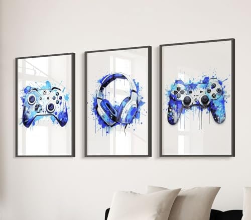Set Of 3 A4 Gaming Prints | Gaming Accessories | UNFRAMED - NO FRAMES INCLUDED | Gaming Stuff | Gaming Room Accessories | Gaming Gifts | Gaming Wall Art | A3 (A3 Prints (No Frames), Blue)