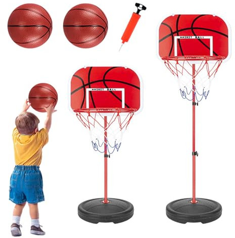 JurciCat Canasta Baloncesto Exterior con 2 Pelotas De Baloncesto y 1 Bomba Canasta Baloncesto Ajustable En Altura para Niños a Partir De 3 Años para Canasta Baloncesto Infantil De Interior y Exterior