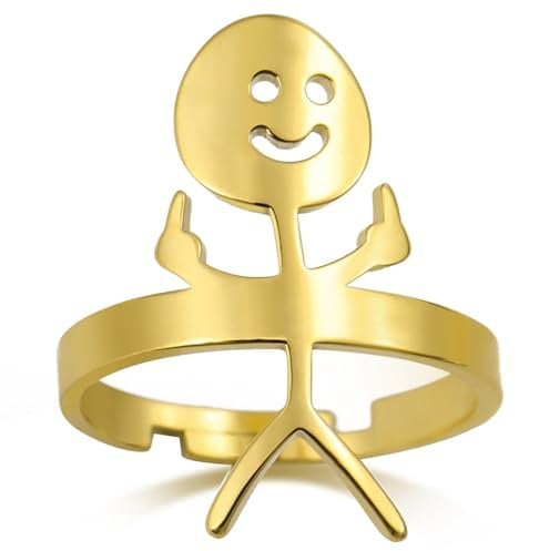 Dreamtimes Smiley Gesicht Figur Gebärdensprache Ringe für Frauen Männer Einstellbare Edelstahl Gebärdensprache Ring mit lustigen Zeichen Paar Ringe (Gold)