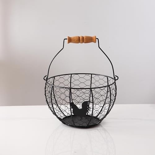Fresh Eggs Collecting Basket With Handle,Vintage Style Metal Wire Eggs Holder Basket for Countertop Kitchen Storage Bin