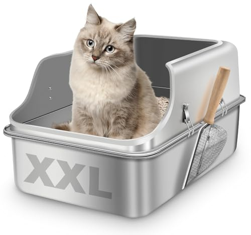 Lettiera Gatto Acciaio Inox, Stainless steel litter box con Paletta, Lettiera per Gatti XXL, Bordo alto, Non Attira Gli Odori, Facile da Pulire(60x40x35cm)