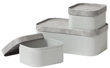 LA JOLIE MUSE Fluted Cardboard Storage Baskets with Leather-Like Lids, Sturdy Stackable Paper Boxes Decorative Tray,Storm Grey, Set of 3
